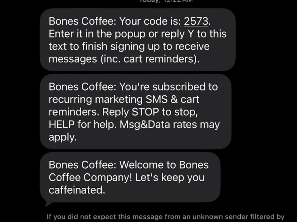 Bones Coffee SMS onboarding evidence from the observed customer journey